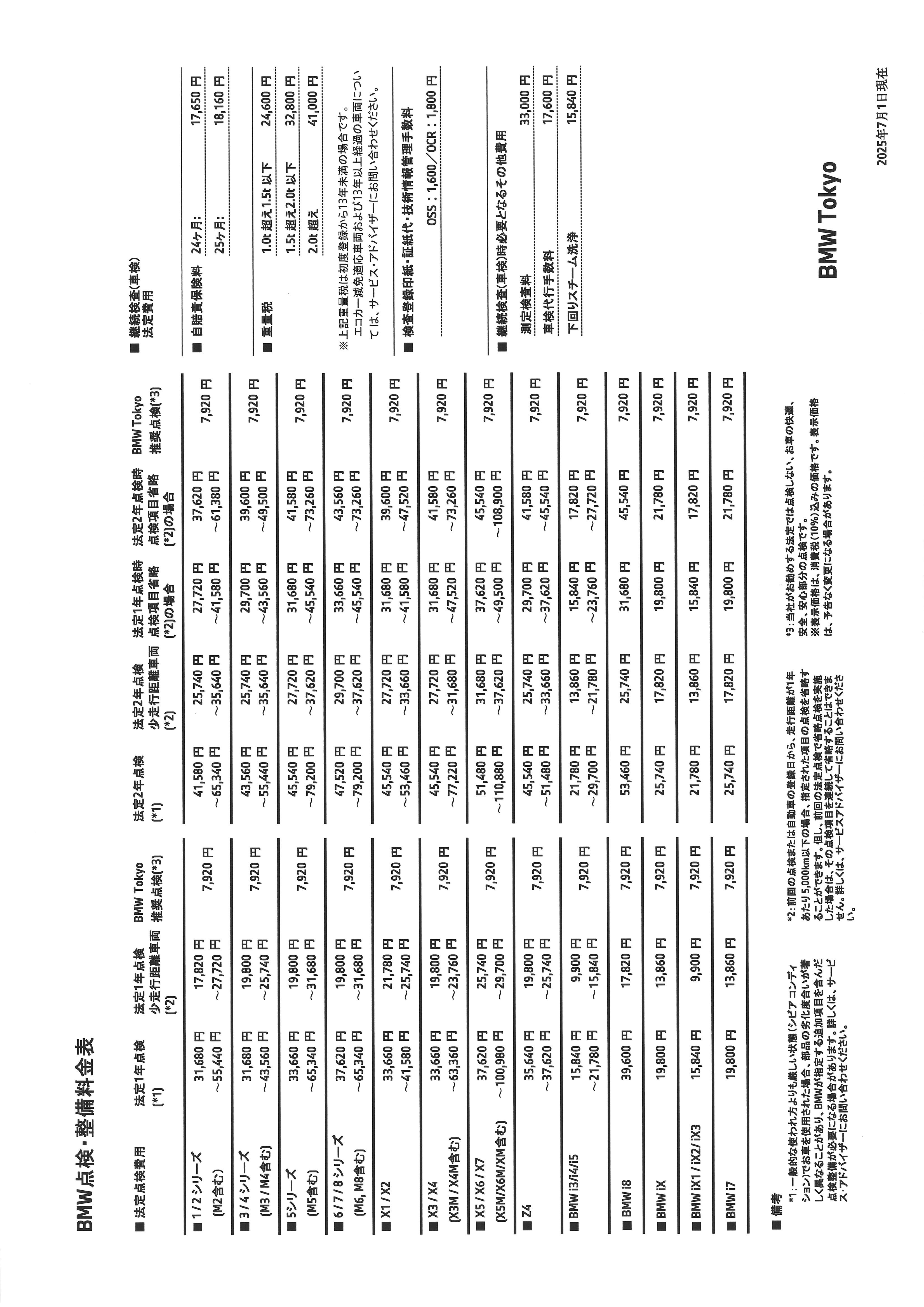 点検整備料金表 